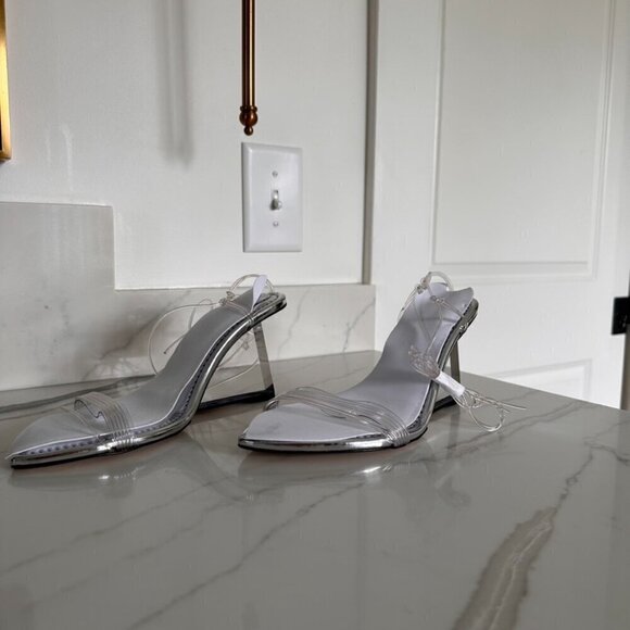 Good American GA080V Ankle Strap Wedge Sandal In Silver Size 9 - Picture 4 of 11